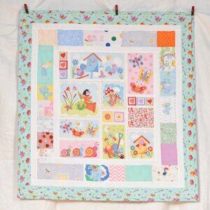 New handmade adorable baby toddler crib quilt patchwork & birds, cuddly flannel